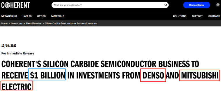 投资10亿美元！日本电装联合三菱电机取得Coherent碳化硅业务12.5%股权
