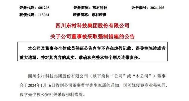 涉嫌侵犯商业秘密罪 东材科技董事被采取强制措施