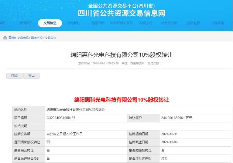 底价24.4亿元，绵阳惠科转让10%股权